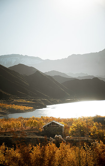 Nature, Mountains, Lake, Shore, Bank, Small House, Lodge HD phone wallpaper