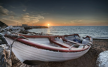 fishing port, sea, boat, sand, rockwall, rocks, sunset HD wallpaper