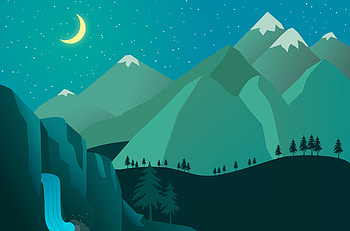 Art, Mountains, Night, Moon, Vector, Waterfall HD wallpaper