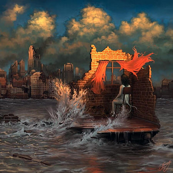 Broken Dawn, sea, apocalypse, art, alone, girl, digital art, fantasy, cg, ocean, female HD wallpaper