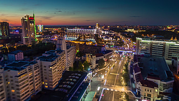 Belarus, Sunset, Minsk city center, Aerial panorama HD wallpaper