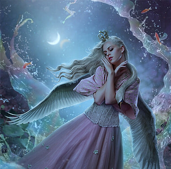 Transformation, moon, fantasy, swan, girl, wings, blue, l saveljeva, night, view from down, luna HD wallpaper