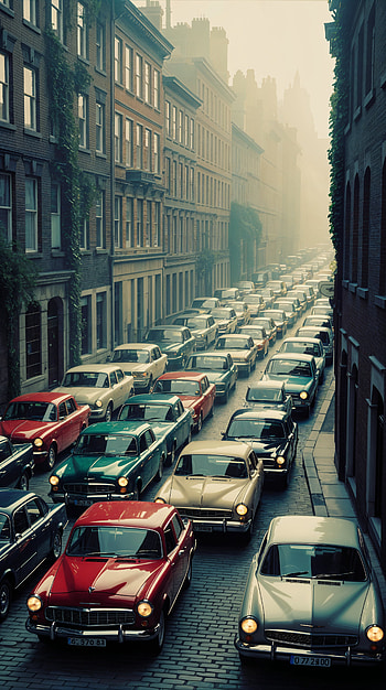 Fogbound Gridlock — Vintage City , classic car, city street HD phone wallpaper