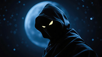 Mysterious Hooded Man Glowing Eyes Under Blue Moon, man, glowing, eyes, blue, moon, artist, artwork, art, digital-art, ai, deviantart HD wallpaper
