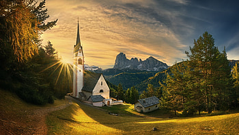 St. Jacobs Church, South Tyrol, Italy, dolomites, trees, clouds, colors, landscape, sky, mountains, sunset, road HD wallpaper