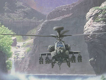 gunship, pilot, missles, trees, waterfall, mountains, water HD wallpaper