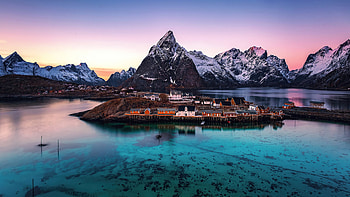 Norway, mountains, sunrise, snow, sunset, sea HD wallpaper