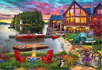 Lake House, dog, car, lake, chairs, artwork, digital, bicycles, boats, clouds, campfire, cottage, sky HD wallpaper
