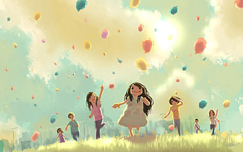 Grass, Art, Children, Balloons, Holiday, Bounce, Jump, Run, Running HD wallpaper