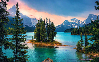 Spirit Island, Jasper NP, Alberta, clouds, trees, sky, canada, mountains, maligne HD wallpaper