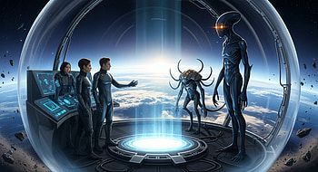 — Orbital First Contact, Alien, Human, Space Station, Hologram HD wallpaper