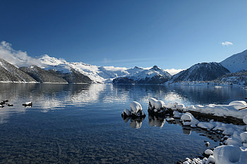 Winter, Nature, Mountains, Snow, Lake HD wallpaper