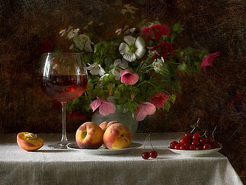 still life, bouquet, peach, graphy, nice, flower, glass, fruit, , elegantly, vase, beautiful, old, cherry, cool, flowers, wine, harmony, drink HD wallpaper
