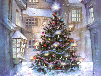 Christmas In The Town Square, town square, painting, snow, christmas, christmas tree HD wallpaper