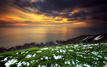 Nature, Sunset, Grass, Sky, Sea, Clouds, Snow, Shore, Bank, Anomaly HD wallpaper