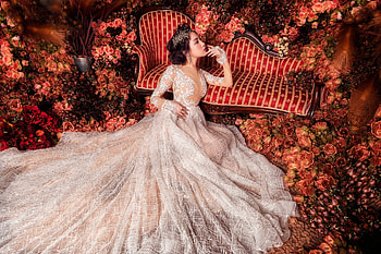 Bride, red, model, white, sofa, asian, girl, dress HD wallpaper