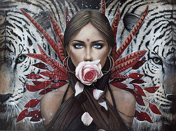 :), pictura, flower, sophie wilkins, girl, art, tiger, rise, pink, jaguar, fantasy, painting, tigru HD wallpaper