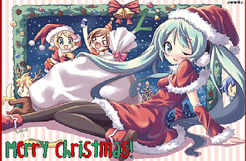 merry christmas, miku, len, rin, kaito, stars HD wallpaper