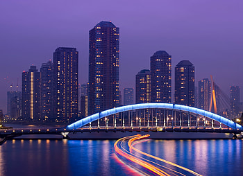 Cities, Rivers, Sky, Lilac, Night, Lights, Skyscrapers, Bridge, Backlight, Illumination, Megapolis, Megalopolis, Japan, Tokyo, Capital, Excerpt HD wallpaper