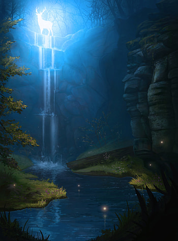 Art, Waterfall, Glow, Deer HD phone wallpaper