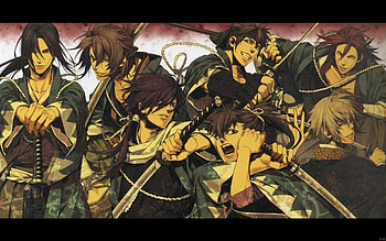 Hakuouki Shinsengumi Kitan, harada sanosuke, okita souji, hajime saito, toudou heisuke, nagakura shinpachi, kazama chikage, chikage kazama, shinpachi nagakura, souji okita, group, heisuke toudou, hakuouki, characters, shinsengumi, saito hajime, weapons, toushizou hijikata, sanosuke harada, swords, anime, hijikata toushizou, katana HD wallpaper