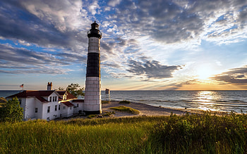 Observing the Sunset, sunset, lake, lighthouse, America, clouds, Michigan HD wallpaper