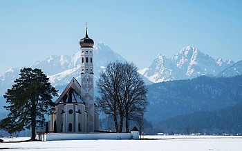 Church St. Coloman, Schwangau, Bavaria, mountains, alps, snow, germany, trees, sky HD wallpaper