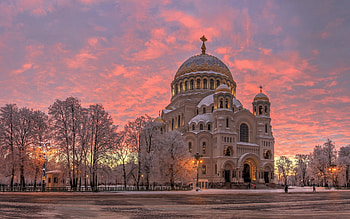 Cathedral in Kronstadt, Russia, trees, domes, church, Russia, clouds HD wallpaper