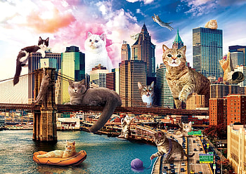 :D, city, art, kitten, fantasy, funny, cat, giant HD wallpaper