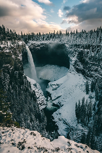 Nature, Trees, Snow, Waterfall, Precipice, Break, Snow Covered, Snowbound HD phone wallpaper