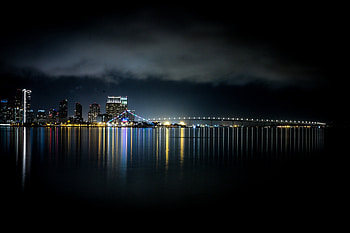 Night, waterfront, bridge, lights HD wallpaper