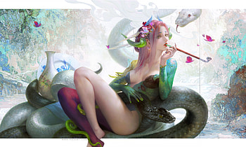 White snake, fantasy, art, gorgeous, girl, frumusete, hgjart, gteen, superb, pink, huang guangjian HD wallpaper