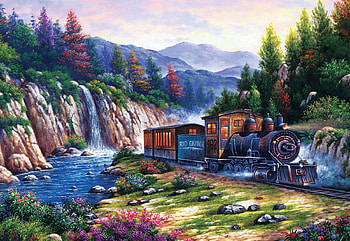 Travelling By Train, artwork, river, painting, landscape, trees, locomotive, steam, rocks HD wallpaper
