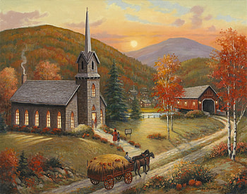 Autumn in Vermont, horse, hills, path, fall, colors, church, artwork, painting, covered bridge, cart HD wallpaper