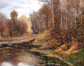 Pond, painting, art, forest, lake, tree HD wallpaper