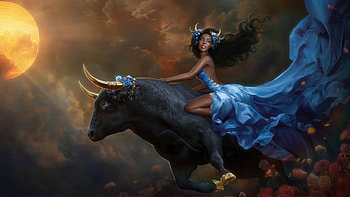 Jasmine Maiden On Mighty Bull, angel, bull, artist, artwork, digital-art HD wallpaper
