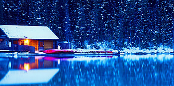 Winter cabin, winter, lakeshore, house, beautiful, lake, cabin, reflection, snow, lights, trees, cottage, forest HD wallpaper