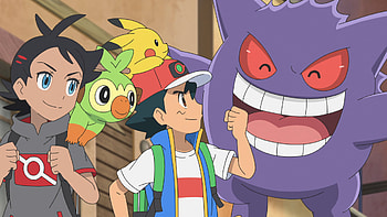 Ash and Goh with Pokémon Team, Goh (Pokémon), Gengar (Pokémon), Grookey (Pokémon), Ash Ketchum, Pikachu, Anime, Pokémon Ultimate Journeys: The Series HD wallpaper