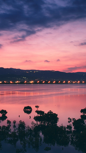 River Bank City Sunset Landscape HD phone wallpaper