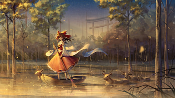 Hakurei Reimu, boat, ji dao ji, girl, orange, anime, deer, manga, water HD wallpaper