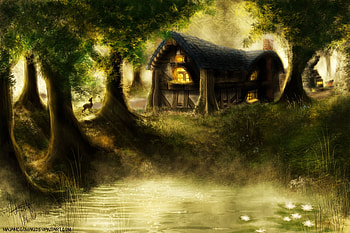 Elwynn Forest, Artistic, House, Crystal Lake, Deer, Fairy Tale, Forest, Inn, Leaf, Sunbeam, Tree, Water Lily HD wallpaper