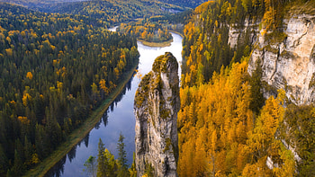 Autumn River, fall, island, landscape, trees, colors, forest HD wallpaper
