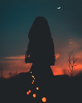 A silhouette of a person at twilight under a crescent moon with a glowing path. HD phone wallpaper