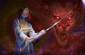 Mulan and Mushu, katrima, asian, sword, emma ronkainen, girl, fantasy, mulan, red, dragon, luminos, mushu HD wallpaper