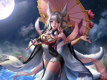 Anime elf girl with umbrella, moon light, fantasy HD wallpaper
