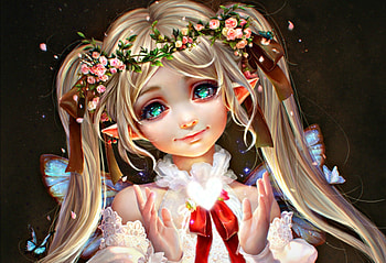 Cute elf girl, white, blue eyes, cute, girl, elf, pink, butterfly, fantasy, flower, red, game, bow HD wallpaper