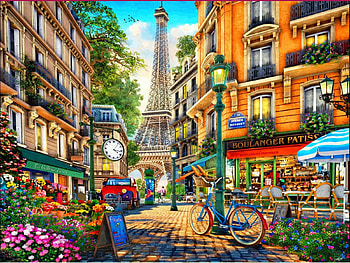 Paris Afternoon, artwork, digital, eiffel tower, street, flowers, people, houses, shops HD wallpaper