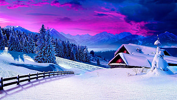 Snowy Mountain Landscape, winter, pine, snow, trees, clouds, cottage, sky, nature, landscaoe, mountains HD wallpaper