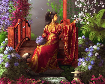 Oriental Gardens, Bridge, colors, Butterflies, cat, beautiful, oriental, serene, Garden, Fantasy, woman, Softness, flowers HD wallpaper