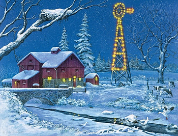 Red Barn in Winter, red barn, winter, cold, Animals, pretty, snow, Stream, lights, Painting, bridge HD wallpaper